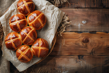 Overhead view of traditional easter hot cross buns, an easter snack