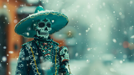 Sea foam green Dia de Los Muertos skull man in traditional mariachi garb in a snowy neighborhood.