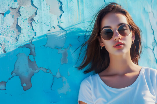 Beautiful stylish woman posing in front of the blue wall. Portrait of attractive young woman, copy space.