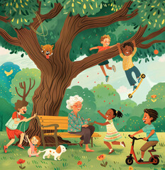 A children's book illustration of an old woman sitting on the bench in front, surrounded by five little boys and girls playing around her – some climbing trees, one riding electrically got scooter, an