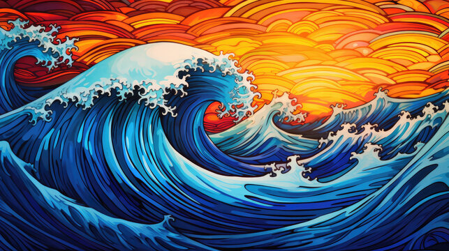 Colourful  japanese ocean wave in the sunset. Ocean landscape decorative in oriental style. Japanese background with line wave