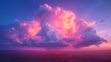 A photo of thunderheads, with a surreal pinkish hue as the background, during a volatile weather pattern - obrazy, fototapety, plakaty