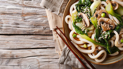 Asian vegetarian food udon noodles with baby bok choy, shiitake mushrooms, sesame and pepper close-up on a plate. horizontal top view  - obrazy, fototapety, plakaty