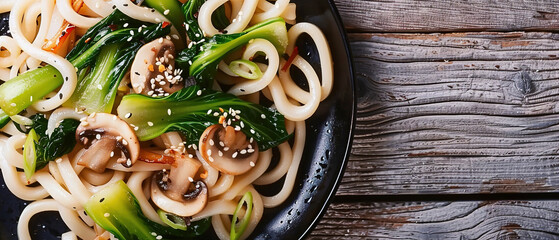 Asian vegetarian food udon noodles with baby bok choy, shiitake mushrooms, sesame and pepper close-up on a plate. horizontal top view 
