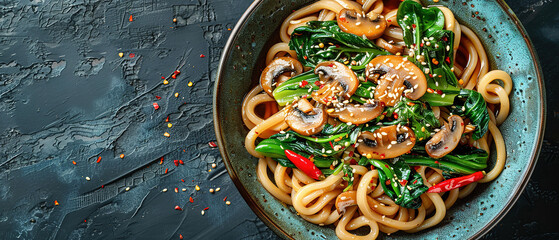 Asian vegetarian food udon noodles with baby bok choy, shiitake mushrooms, sesame and pepper close-up on a plate. horizontal top view  - obrazy, fototapety, plakaty