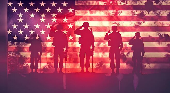 Silhouettes of soldiers saluting on background USA flag. Greeting card for Veterans Day, Memorial Day, Independence Day. America celebration