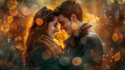 A young couple surrounded by mutual tenderness and warmth in their arms conveys a feeling of mutual understanding and happiness in their relationship.