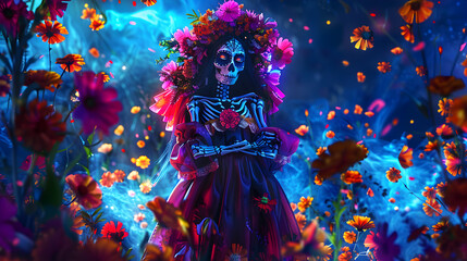 Dia de los muertos, beautiful skeleton human goddess wearing a silk gown wrap, surrounded by floating flower pedals.