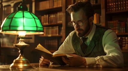 A scientist in his study library, surrounded by books and documents, immersed in the world of research and knowledge, testifying to his deep passion for science.