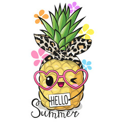 Cartoon Pineapple in glasses on a white background