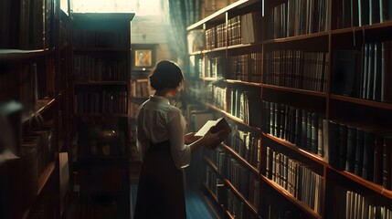 A young student is immersed in reading books in the university library, actively studying and expanding her knowledge.