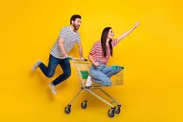 Full size photo of jumping man girl sit in shopping cart fist up look at discount empty space isolated on vibrant yellow color background © deagreez
