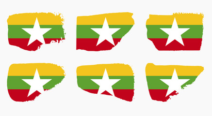 Myanmar flag collection with palette knife paint brush strokes grunge texture design. Grunge brush stroke effect set
