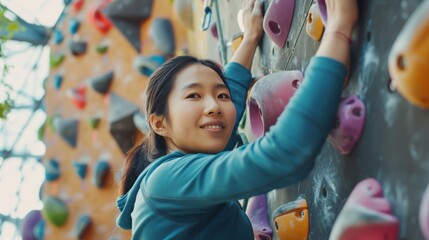 Asian climber woman climbing up outdoor bouldering wall at fitness gym. Fun active sport activity...