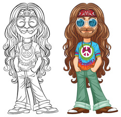 Colorful and detailed hippie character with peace symbols.