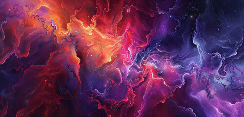 Vermilion splashes and cobalt bursts harmonize in chaotic beauty, forming an abstract cosmos.