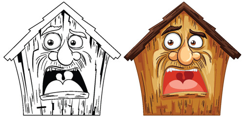 Two houses with human-like facial expressions.