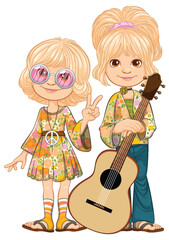Cartoon children in retro hippie fashion with guitar.