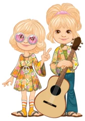 Schilderijen op glas Cartoon children in retro hippie fashion with guitar. © GraphicsRF