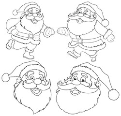 Four cheerful Santa Claus sketches for coloring.