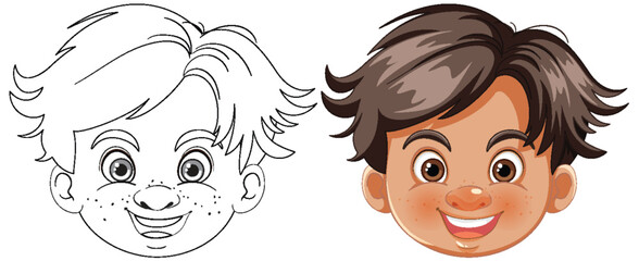 Two cartoon boys smiling, one in color, one outlined.