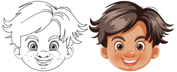 Abwaschbare Fototapete Kinder Two cartoon boys smiling, one in color, one outlined.