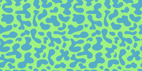 Groovy seamless pattern in retro trippy style. Repeat bright backdrop with abstract blue liquid color irregular shapes on green background