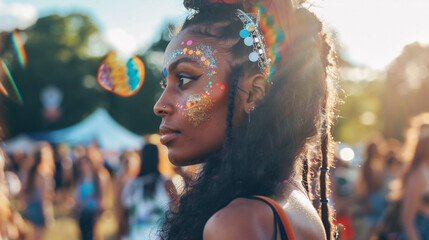 Queer model looking out over the summer music festival, with a sparkling, glitter crystal face paint