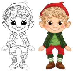 Abwaschbare Fototapete Kinder Vector illustration of an elf, colored and line art.