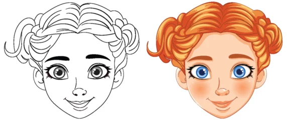 Abwaschbare Tapeten Kinder Vector illustration of a girl's face, before and after coloring.