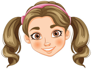 Cartoon of a cheerful young girl with pigtails
