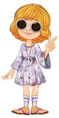 Abwaschbare Fototapete Kinder Cartoon girl with peace sign and sunglasses.