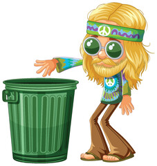 Cartoon hippie character next to a green trash can.