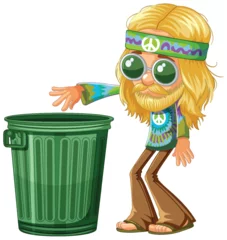 Abwaschbare Fototapete Kinder Cartoon hippie character next to a green trash can.