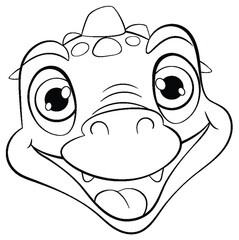Black and white line art of a happy dinosaur.