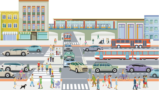 Bahnverkehr und Straßenverkehr mit Bahnhof,, Menschen  Illustration