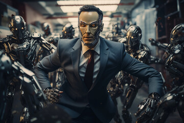 robot business man running from robot guardian - obrazy, fototapety, plakaty