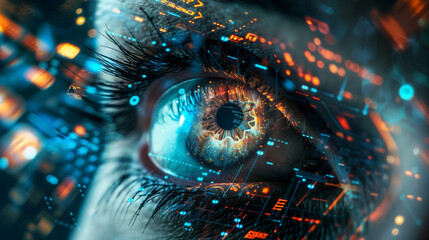 Human eye on technology design background. Cyberspace concept 
