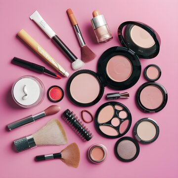 photo top view assortment of make-up and beauty products