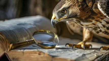 A vigilant hawk uses a magnifying glass to meticulously review contracts, symbolizing precision in legal and consulting services. - obrazy, fototapety, plakaty