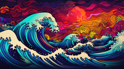 Colourful  japanese ocean wave in the sunset. Ocean landscape decorative in oriental style. Japanese background with line wave