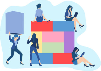 カラフルなブロックの近くで仕事をする女性実業家のイラスト