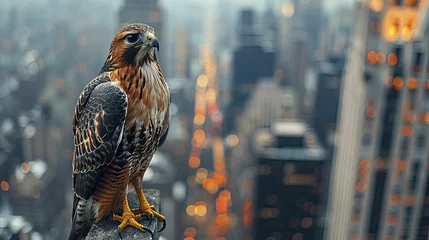 Deurstickers Observing urban sprawl from a lofty vantage point, the hawk exemplifies a vision of growth and progress in real estate ventures. © Manyapha