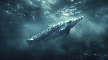 Fototapeta premium In the depths of the unknown, the narwhal's luminous tusk pierces the darkness, symbolizing inspiration and leading the way forward.