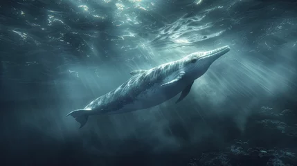 Foto op Aluminium In the depths of the unknown, the narwhal's luminous tusk pierces the darkness, symbolizing inspiration and leading the way forward. © Manyapha