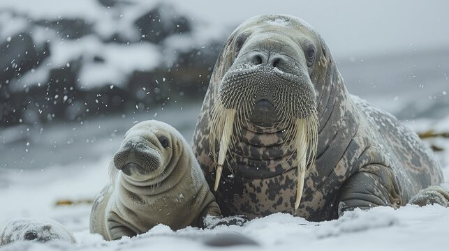 An inspiring image of a walrus leading its offspring on a snowy terrain, epitomizing mentorship, safeguarding, and fostering potential in workplaces.