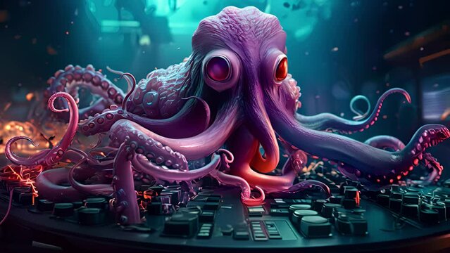 Cute octopus with headphones listening to music or DJ in a night club. Created with generative AI.