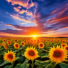Fototapeta premium Sunflower Field Embraced by the Colors of the Setting Sun