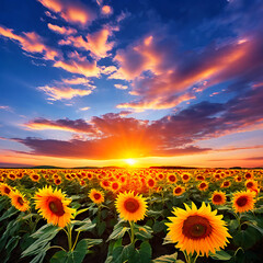 Fototapeta premium Stunning Sunset Over a Vast Sunflower Field