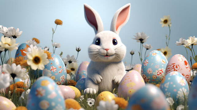 cartoon 3d illustration Photo easter bunny with eggs 
